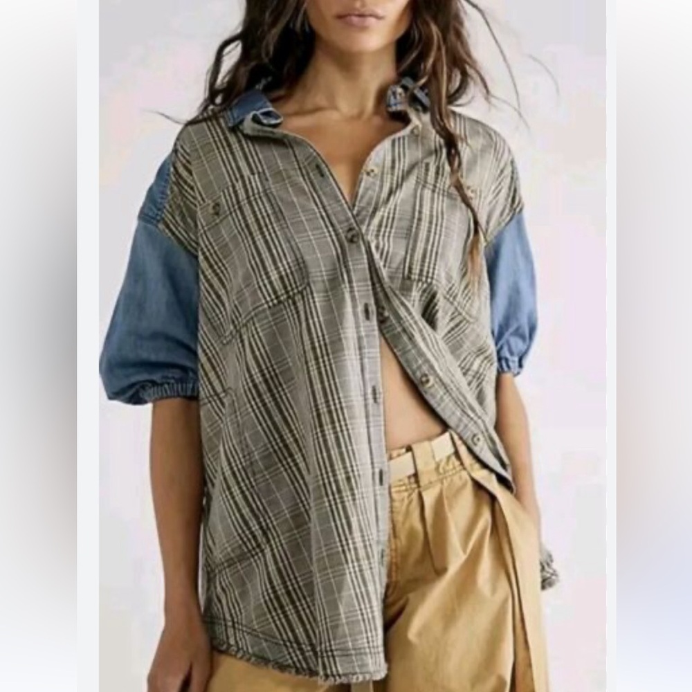 Free People We the free Runaway plaid chambray tunic top button down top XS